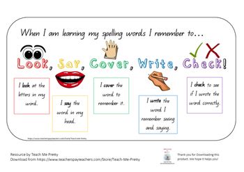 Look, Say, Cover, Write, Check Spelling Reminder/ Task Card by Teach Me Pretty