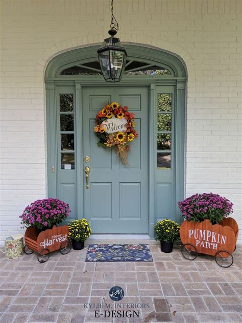 Benjamin Moore Sioux Falls blue green front door, Sherwin White Duck off white painted brick e ...