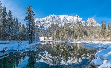 Scenic Winter Landscape In Bavarian Alps At Idyllic Lake Hintersee, Germany Stock Photo - Image ...