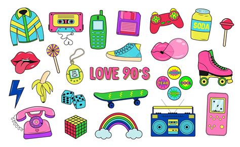 Retro 80s 90s clipart set. Neon colors y2k fashion patch, badge, emblem ...