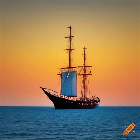 Sailing ship on a blue sea during sunset on Craiyon