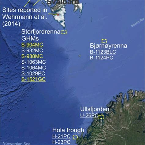 Locations of the four Arctic cold seeps and the corresponding sediment... | Download Scientific ...