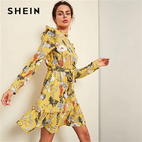 Aliexpress.com : Buy SHEIN Yellow Floral Frill Trim Botanical Dress Elegant Ruffle Button Belted ...