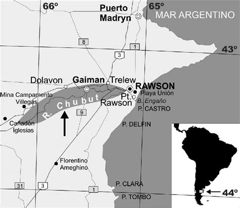 Map location of the lower Chubut River Valley (Chubut Province ...