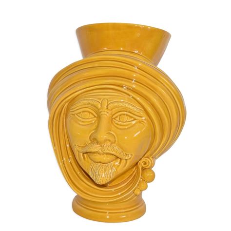 Handcrafted man’s head in yellow italian ceramic Vase holder for indoors – outdoors – Italcorium