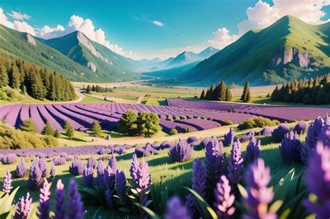 Premium AI Image | A field of lavender is surrounded by mountains and a ...