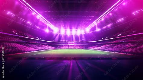 Soccer stadium grass field illuminated by spotlights and empty green ...