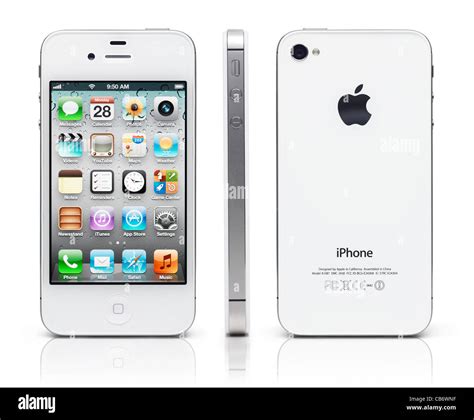 White iPhone 4s Apple smartphone shown from three sides, front, back ...