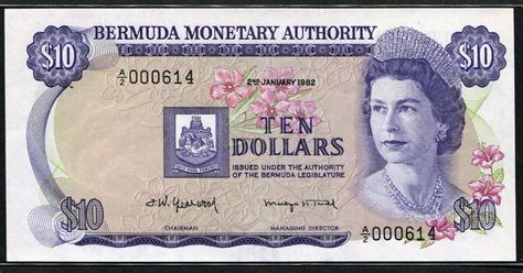 Bermuda banknotes 10 Dollars banknote 1982 Queen Elizabeth & Bermuda ...