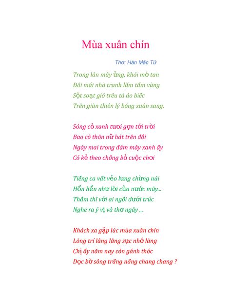 Mùa xuân chín - hello everyone - Mùa xuân chín Thơ: Hàn Mặc Tử Trong làn mây ng, khói m tanửờ ...