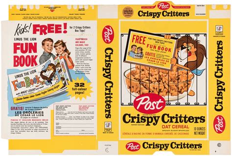 Hake's - POST "CRISPY CRITTERS" FILE COPY CANADIAN CEREAL BOX FLAT WITH "LINUS THE LION FUN BOOK ...