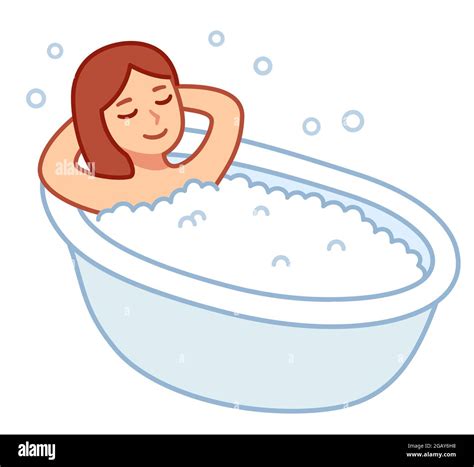 Cute cartoon woman taking bubble bath. Pretty girl relaxing in bathtub. Vector drawing, simple ...