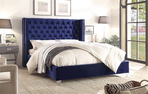 Waldorf Queen Bed Blue Velvet | S&D Furniture Rental