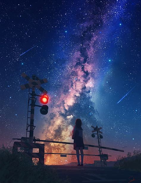 HD wallpaper: galaxy, railway crossing, shooting stars, anime ...