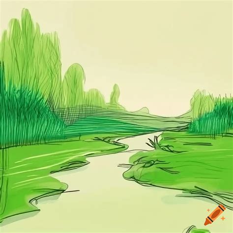 One point perspective drawing of a river in a green landscape on Craiyon