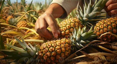 AI generated harvest for pineapple, close-up of hands picking up of ...