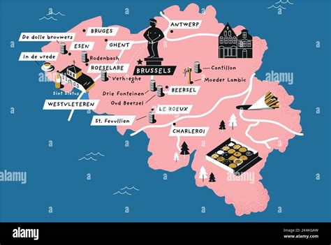 A vector illustration of the map of Belgium with sights and cultural elements on the regions ...