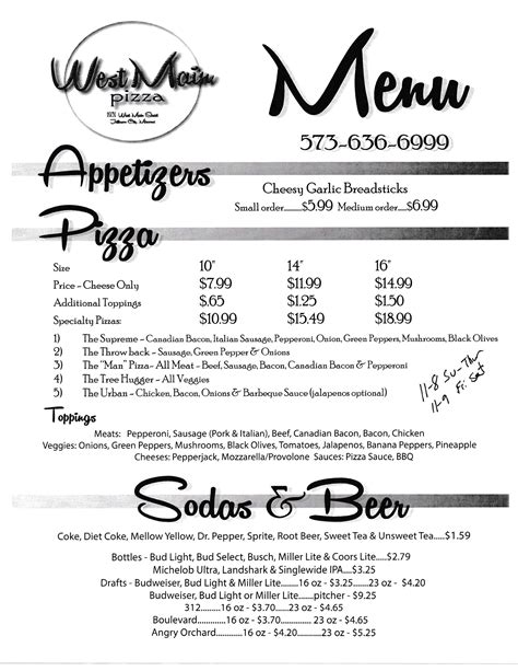 West Main Pizza Menu, Menu for West Main Pizza, Jefferson City, Columbia - Urbanspoon/Zomato