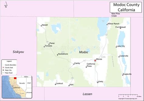 Map of Modoc County, California showing cities, highways & important ...