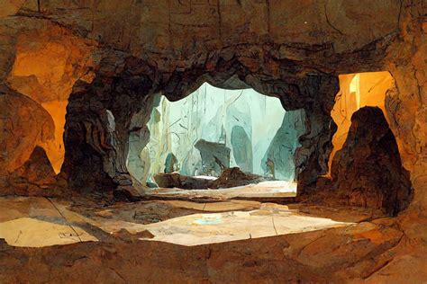 prompthunt: visual development, concept art, three quarter view of cave interior, shoebox design ...