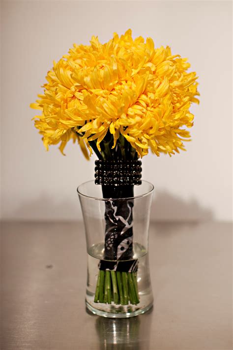 Bouquet by Just Bloomed yellow mums with black damask wrap ...