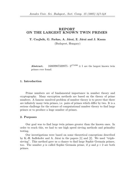 (PDF) Report on the largest known twin primes