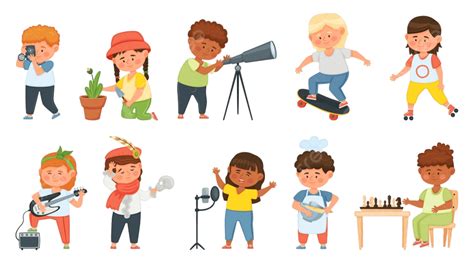 Kids Hobbies Vector PNG Images, Cartoon Kids With Various Hobbies And Activities, Time, Skating ...