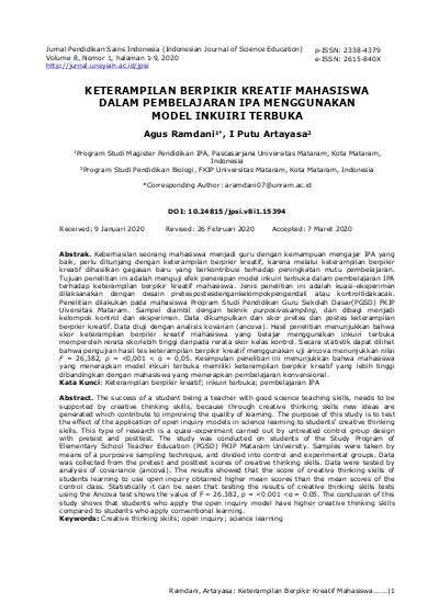 Keterampilan Berpikir Kreatif Mahasiswa dalam Pembelajaran IPA Menggunakan Model Inkuiri Terbuka