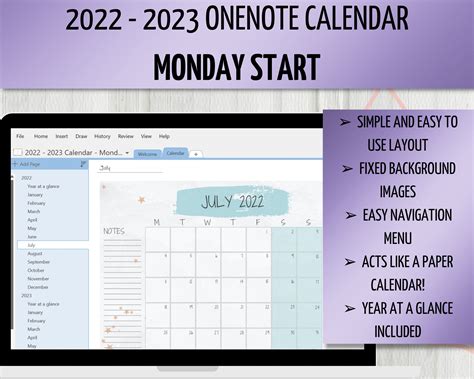 2023 Onenote Calendar Monday Start Dated Digital Calendar - Etsy in ...