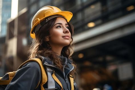 Premium AI Image | Young builder woman in construction uniform and safety helmet with looking ...