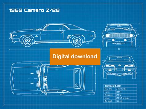 1969 Chevrolet Camaro Z/28 Blueprint Poster 18x24 JPEG Image File - Etsy