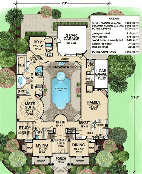 Plan 36186TX: Luxury with Central Courtyard | Pool house plans, Courtyard house plans, Luxury ...