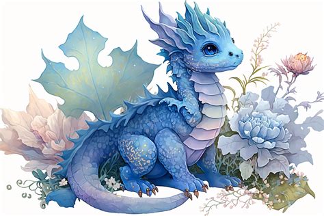 Cute Blue Baby Dragon Watercolor Flower Graphic by 1xMerch · Creative Fabrica