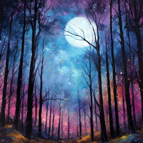 Premium Photo | Painting of a forest with a full moon and stars in the sky generative ai