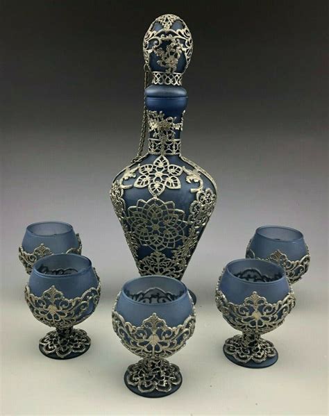 Vintage Blue Glass Liquor Decanter Gilt Silver Overlay Set | Antique ...