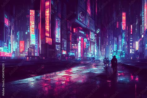 Futuristic cyberpunk city full of neon lights - illustration Stock ...