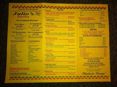 Julio's Burritos Menu, Menu for Julio's Burritos, San Angelo, San Angelo - Urbanspoon/Zomato