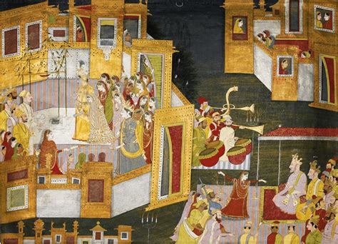 The wedding of Krishna, illustration from a Bhagavata Purana series, reminiscent of Purkhu ...