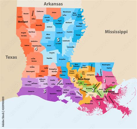 Louisiana's Congressional districts vector high detailed map with regions and major cities names ...