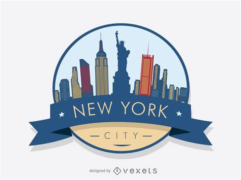 New York logo badge with major city landmarks and buildings. The design comes with a ribbon and ...