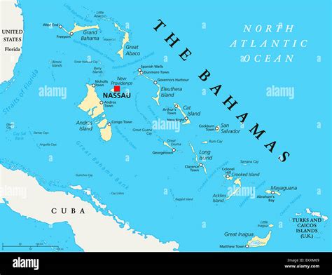 The Bahamas Political Map with capital Nassau, important cities and places. English labeling and ...