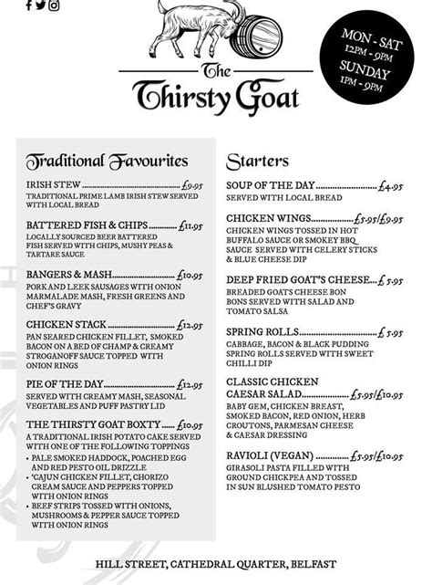 Menu at The Thirsty Goat Belfast pub & bar, Belfast