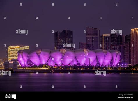 The night view of Hangzhou Olympic Sports Expo Center. The 19th Asian Games will be held in this ...