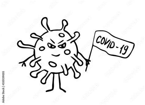 Smiling angry coronavirus virus with flag and inscription COVID-19, cartoon caricature line ...