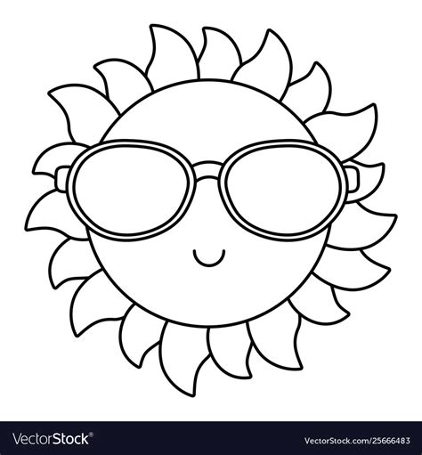 Sun smiling with sunglasses cartoon in black Vector Image