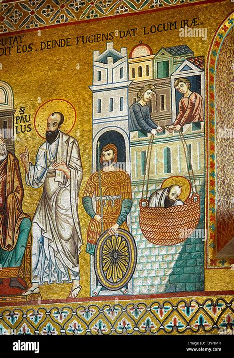 Medieval Byzantine style mosaics of St Paul preaching in then fleeing from Damascus, Palatine ...