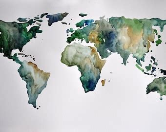 ORIGINAL Abstract world map watercolor painting colorful