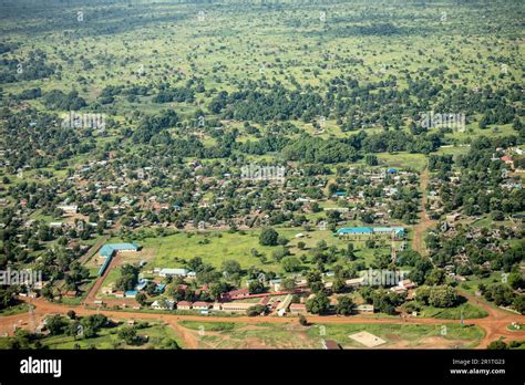 Aerial view of the small city of Torit in South Sudan, Africa and ...