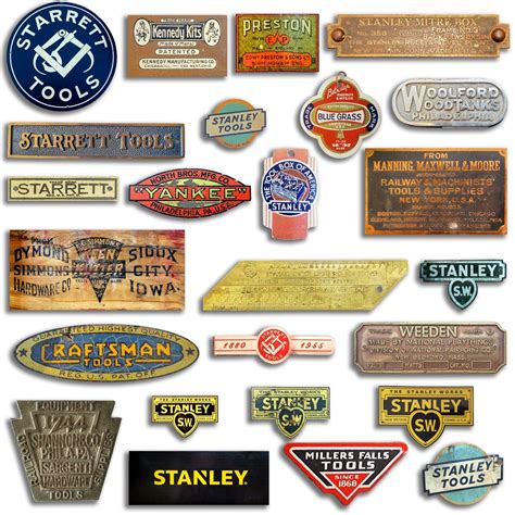 Various brands of tool badges and tags in a Flatlay Antique Woodworking ...