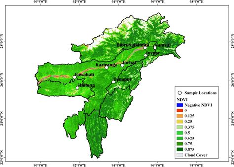 The NDVI map of Northeast India in showing nine discrete campaign ...